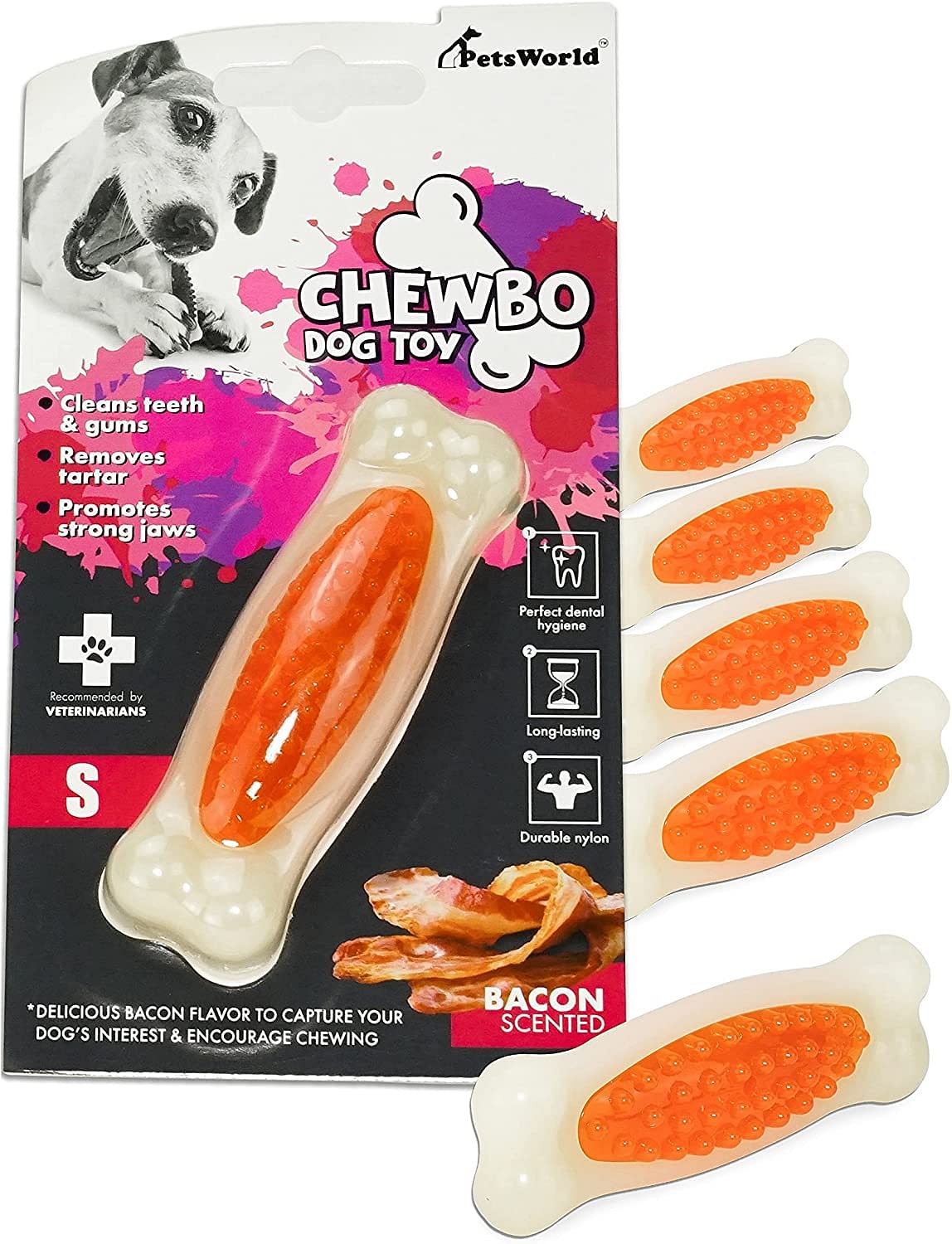PetsWorld Tough Dog Chew Toy, Bacon Scented – Durable for Small Dogs_6 Count