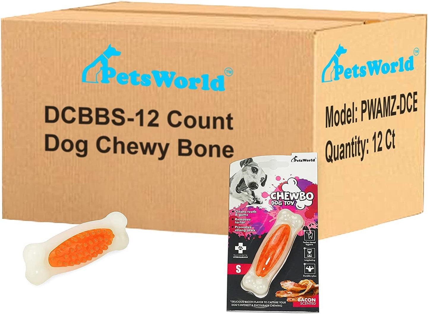 PetsWorld Tough Dog Chew Toy, Bacon Scented – Durable for Small Dogs_12 Count