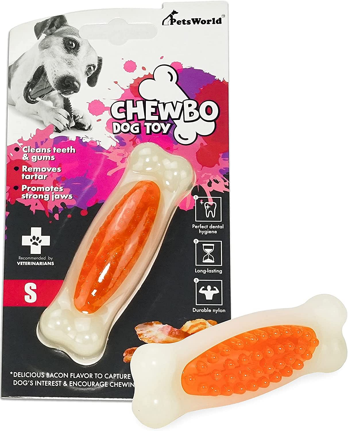 PetsWorld Tough Dog Chew Toy, Bacon Scented – Durable for Small Dogs_2 Count