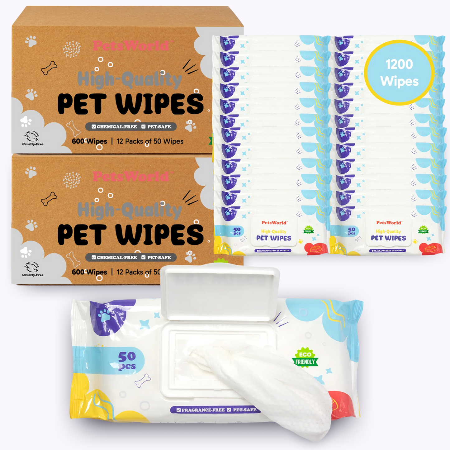 PetsWorld Unscented Pet Wipes – Hypoallergenic & Biodegradable_1200 Count
