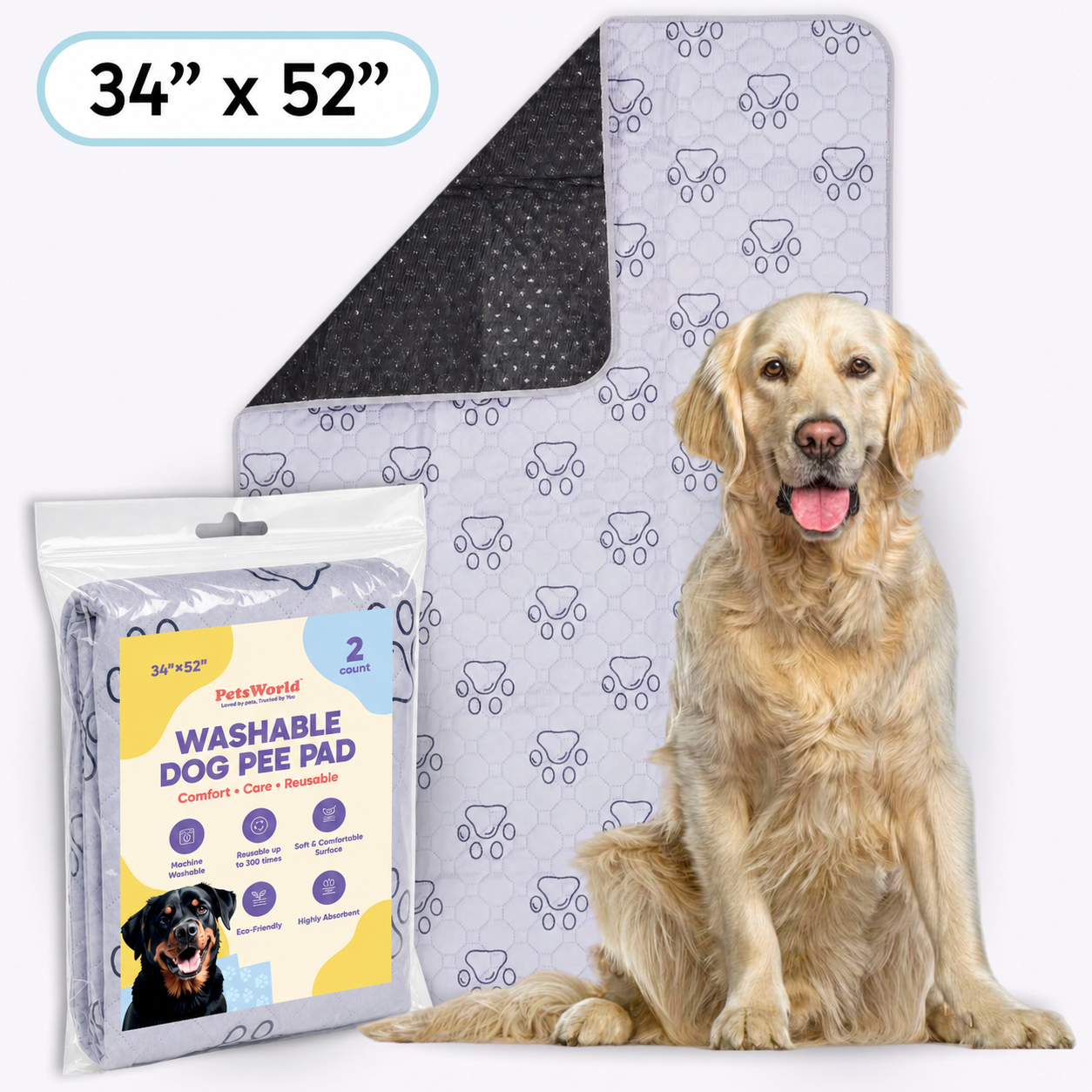 Washable Dog Potty Pads, Unscented_2 Count / 34 x 52-in