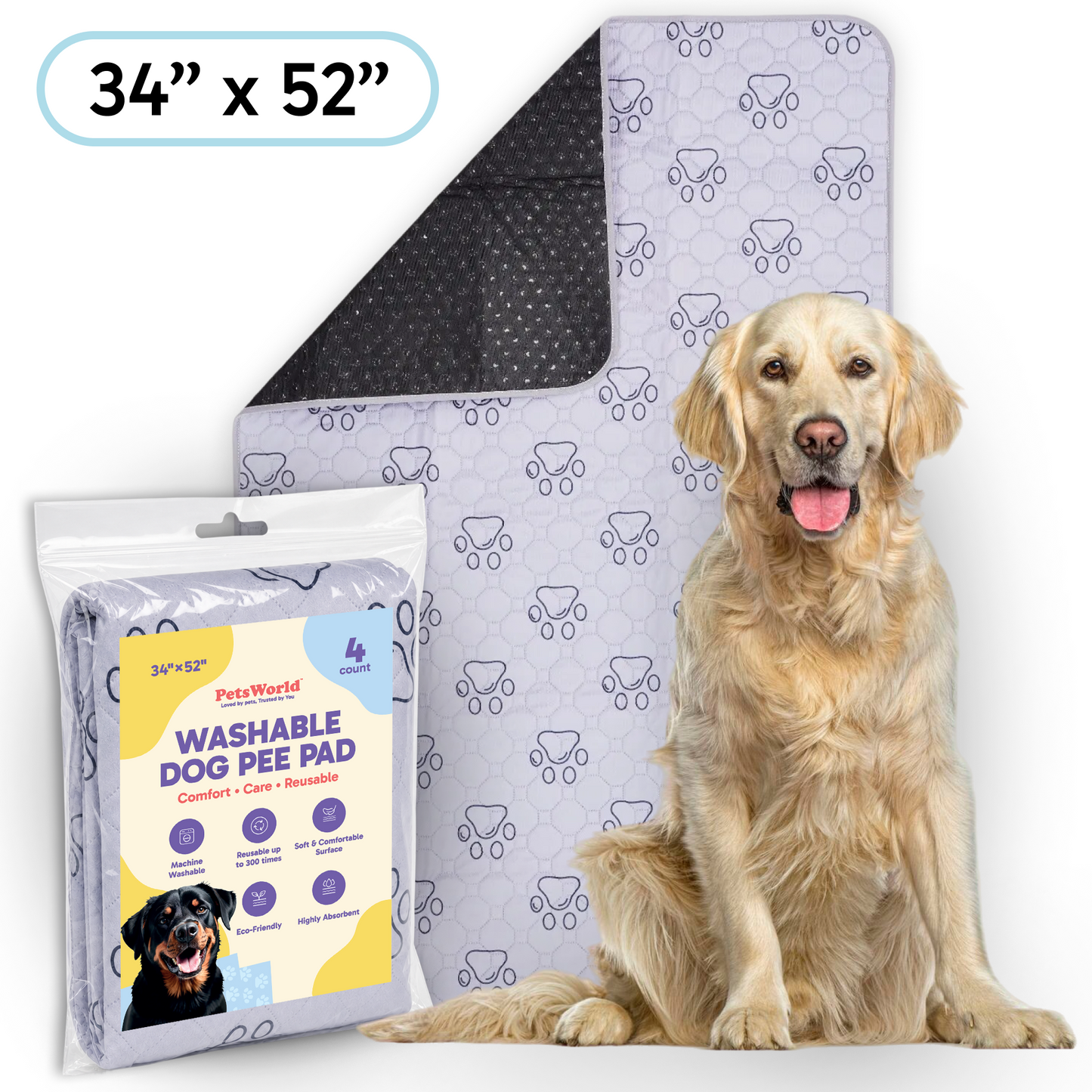 Washable Dog Potty Pads, Unscented_4 Count / 34 x 52-in