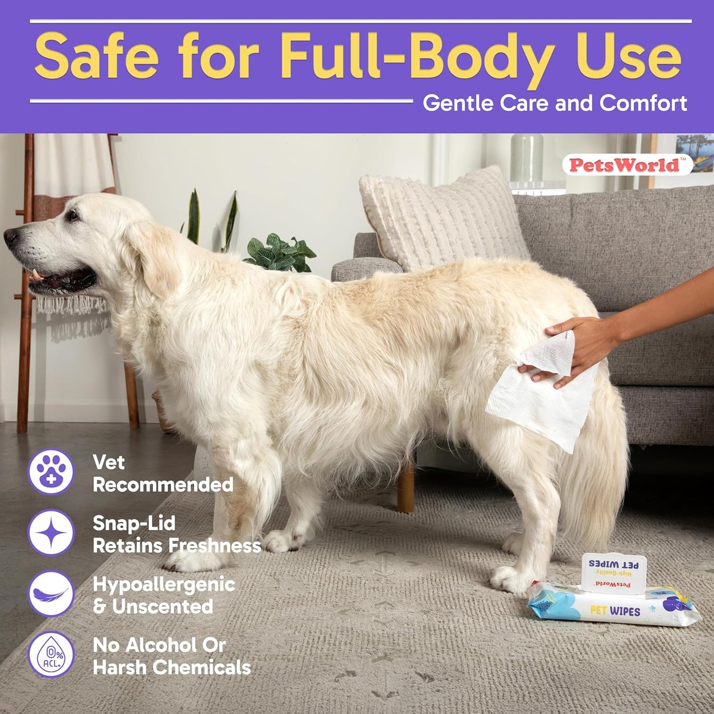 PetsWorld Unscented Pet Wipes – Hypoallergenic & Biodegradable