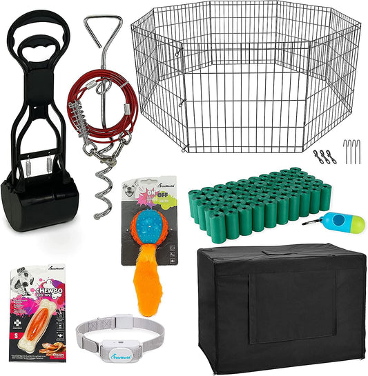 BUNDLE: Pet Playpen + Dog Crate Cover, Tie Out Stake, Shock Collar, Dog Ball Toy, Bacon Toy, Waste Bags 1000Ct + Pooper Scooper,_Medium