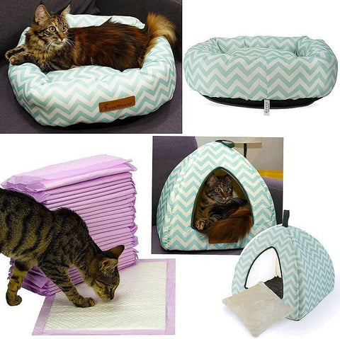 Comfy Cat Plush Tent Bed + Donut Cat Cushion + Cat Litter Pads 50 Count – 3