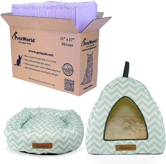 KITTY BUNDLE DEAL: Includes Comfy Cat Plush Tent Bed + Donut Cat Cushion + Cat Litter Pads 50 Count_