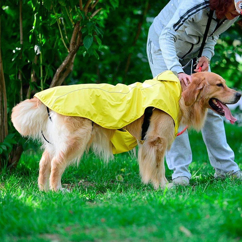 Lightweight Breathable Hooded Rain Coat with Reflective Strips, Adjustable Strap, and Leash Hole for Medium and Large Dogs_