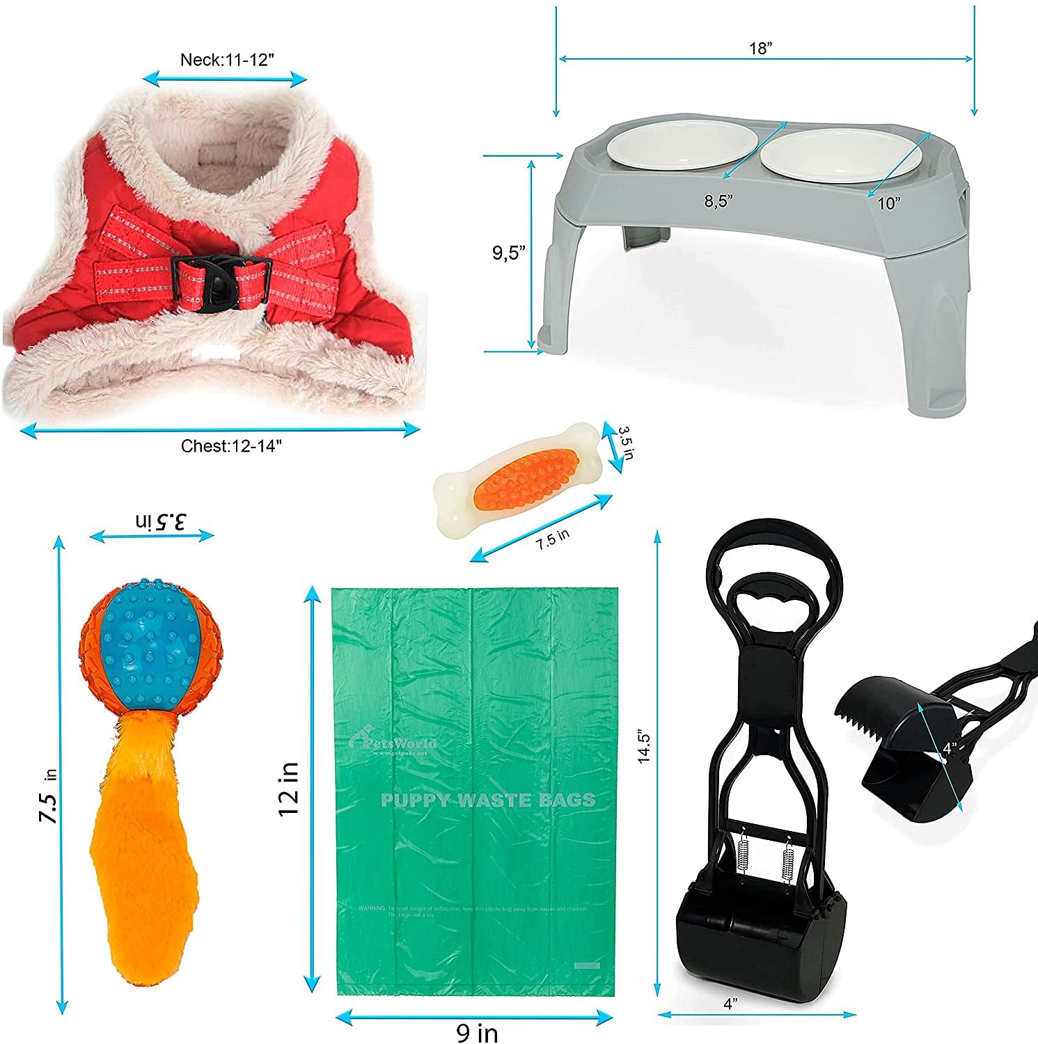 Pet Starter Kit, Warm Harness, Pet Bowl, Dog Ball Toy, Bacon Toy, Pooper Scooper + Dog Waste Bags, Kit for Medium and Large Dogs_