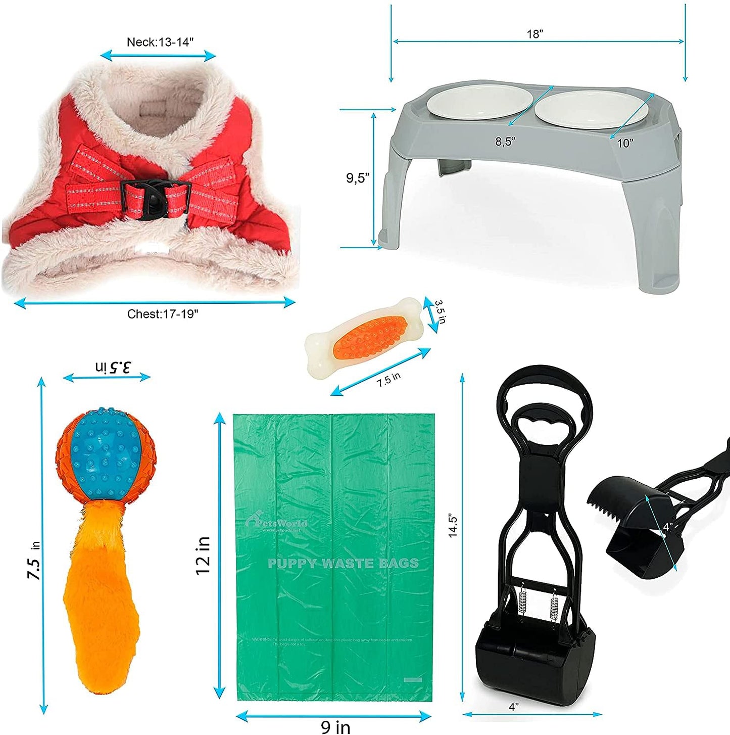 Pet Starter Kit, Warm Harness, Pet Bowl, Dog Ball Toy, Bacon Toy, Pooper Scooper + Dog Waste Bags, Kit for Medium and Large Dogs_M (Neck:13-14"; Chest:17-19")