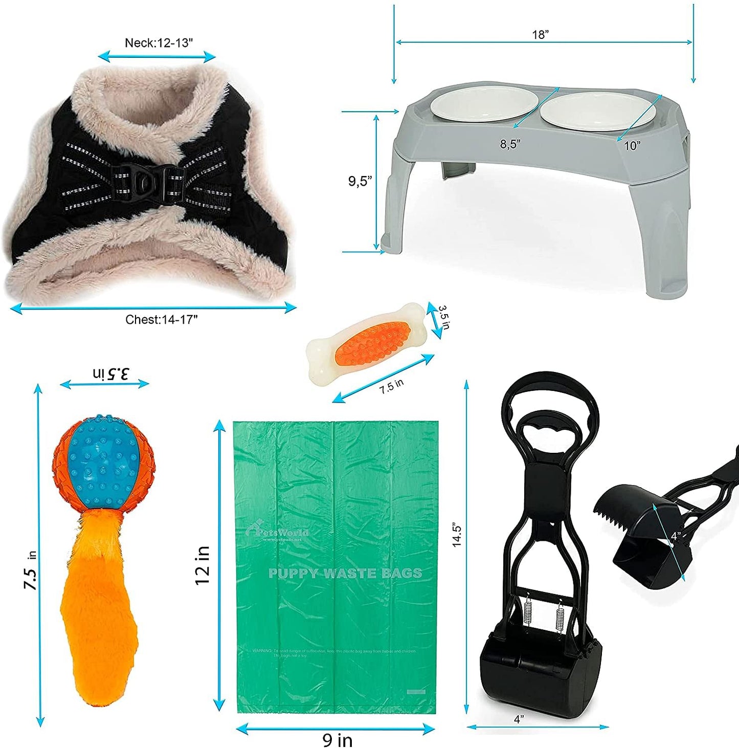 Pet Starter Kit, Warm Harness, Pet Bowl, Dog Ball Toy, Bacon Toy, Pooper Scooper + Dog Waste Bags, Kit for Medium and Large Dogs_S (Neck:12-13"; Chest:14-17")