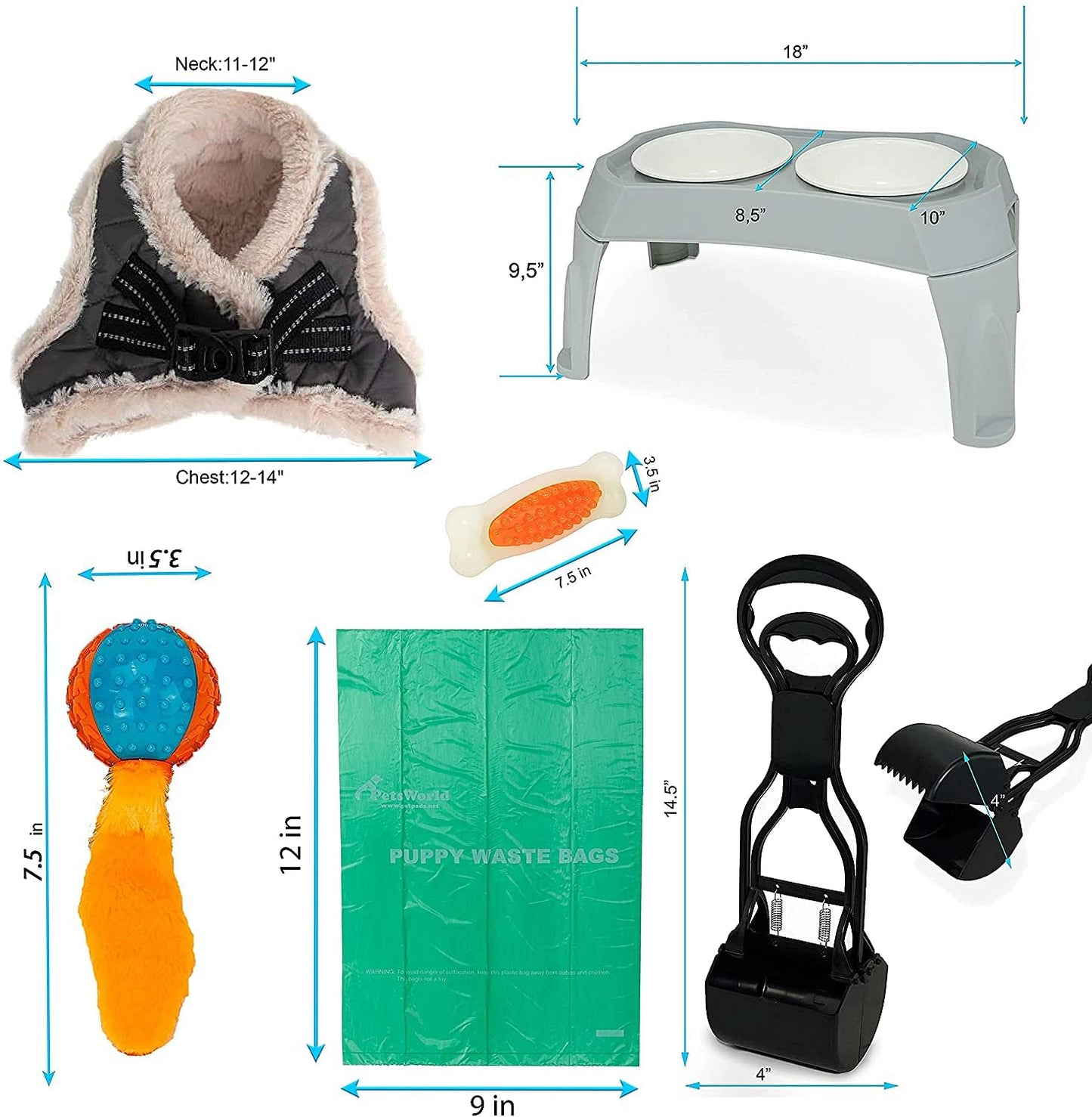 Pet Starter Kit, Warm Harness, Pet Bowl, Dog Ball Toy, Bacon Toy, Pooper Scooper + Dog Waste Bags, Kit for Medium and Large Dogs_XS (Neck:11-12"; Chest:12-14")