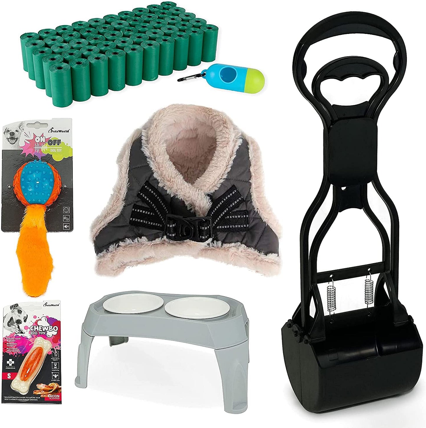 Pet Starter Kit, Warm Harness, Pet Bowl, Dog Ball Toy, Bacon Toy, Pooper Scooper + Dog Waste Bags, Kit for Medium and Large Dogs_