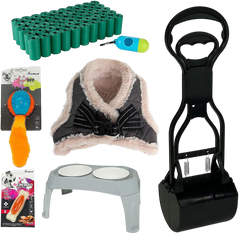 Pet Starter Kit, Warm Harness, Pet Bowl, Dog Ball Toy, Bacon Toy, Pooper Scooper + Dog Waste Bags, Kit for Medium and Large Dogs