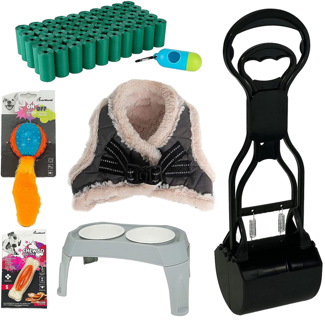 Pet Starter Kit, Warm Harness, Pet Bowl, Dog Ball Toy, Bacon Toy, Pooper Scooper + Dog Waste Bags, Kit for Medium and Large Dogs_